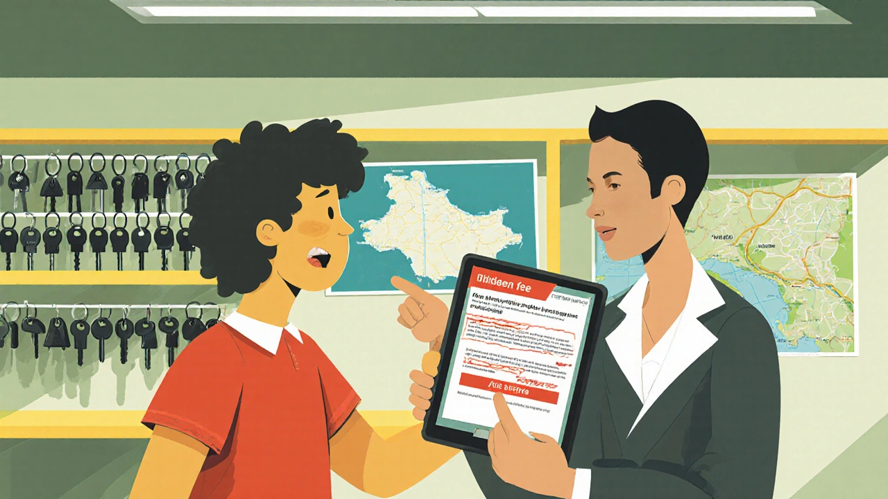 Cestovatel na půjčovně auta překvapeně ukazuje na skrytý poplatek na tabletu.