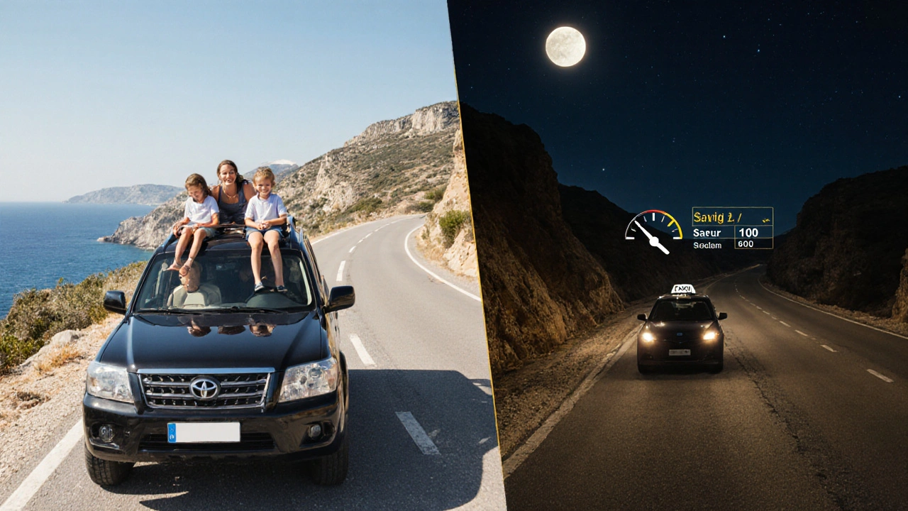 Dvojí scéna: rodina v pronajatém autě vs. osamělý cestující s porouchaným taxíkem v noci.