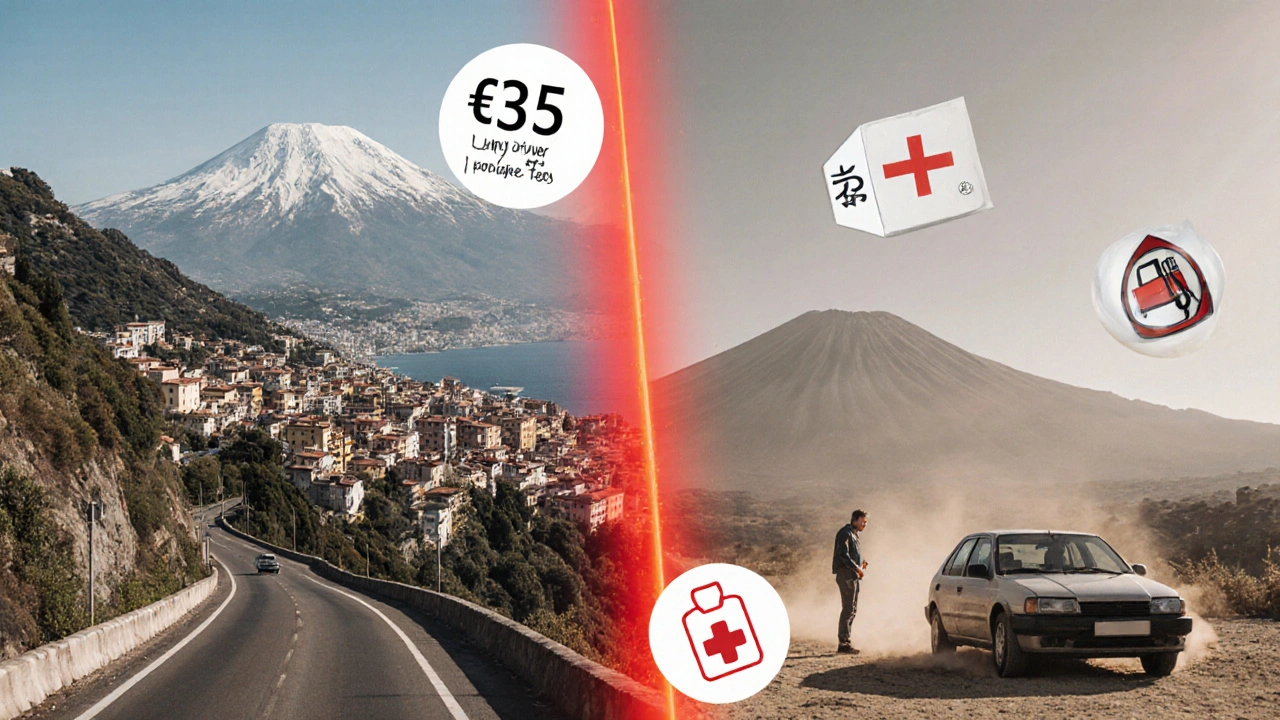 Dvoučástný obraz: volnost cesty na Sicílii proti nákladům a problémům s půjčeným autem.