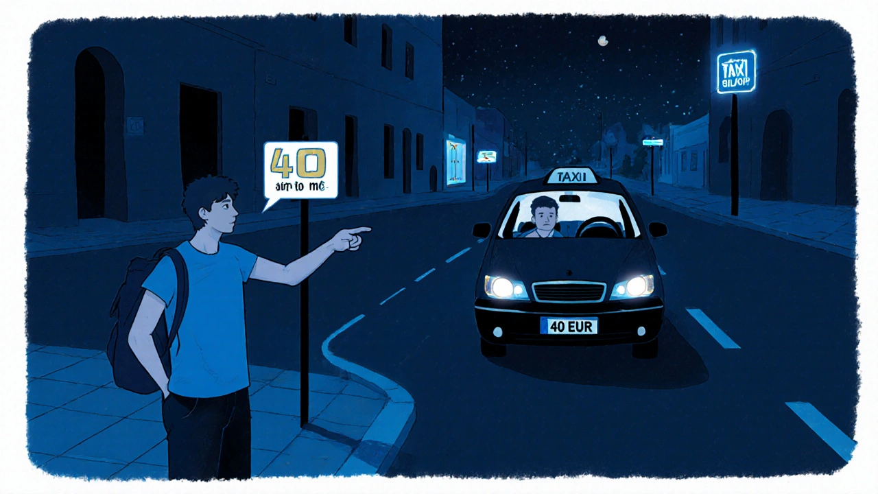 Turista ukazuje na taksometr s 40 eury za půl kilometru v noci v Heraklionu.